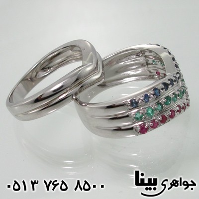 انگشتر چند جواهر یاقوت سرخ و کبود و زمرد طرح هفت