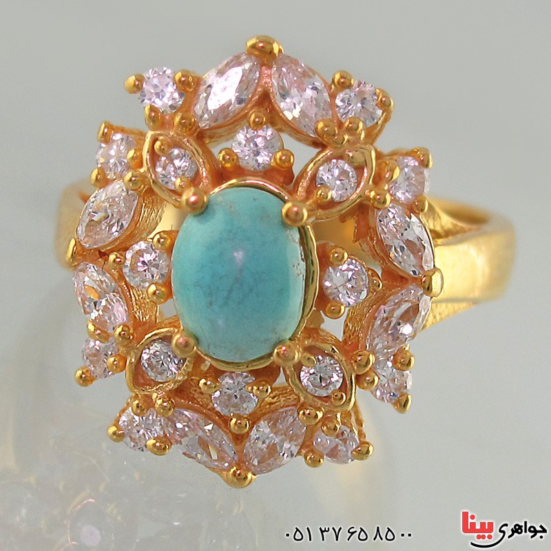 انگشتر فیروزه نیشابوری دور جواهری زنانه درشت_کد:17833