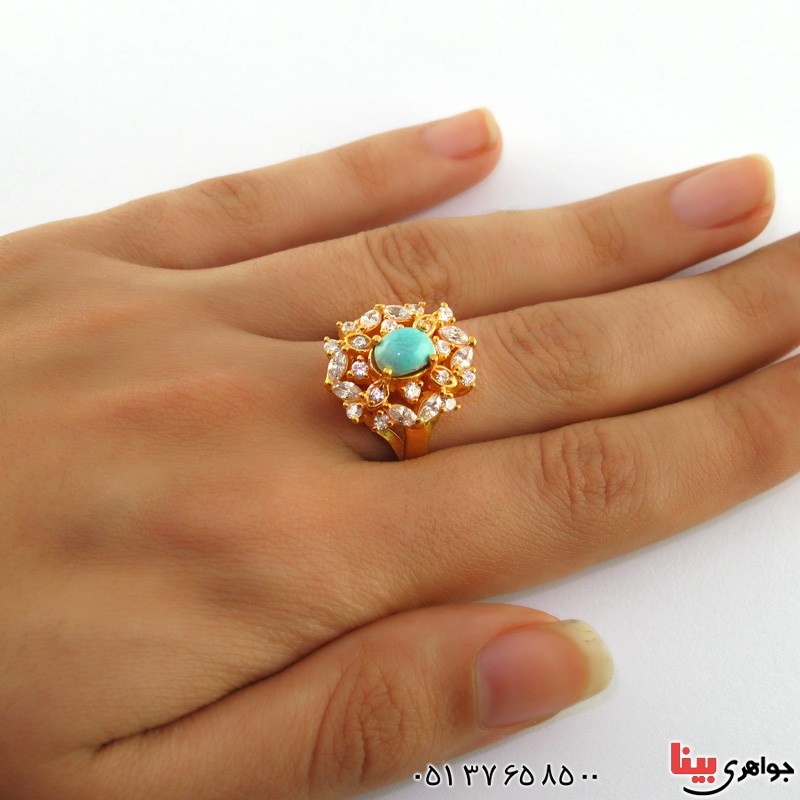 انگشتر فیروزه نیشابوری دور جواهری زنانه درشت_کد:17833