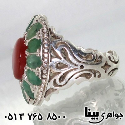 انگشتر چند جواهر دور زمرد و عقیق یمنی