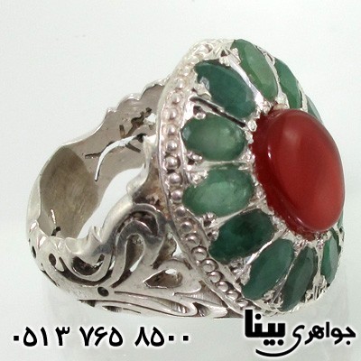 انگشتر چند جواهر دور زمرد و عقیق یمنی