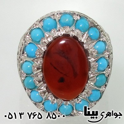 انگشتر چند جواهر دور فیروزه نیشابوری و عقیق