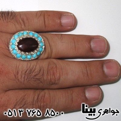 انگشتر چند جواهر دور فیروزه نیشابوری و عقیق