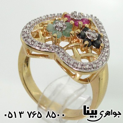انگشتر چند جواهر زنانه یاقوت و زمرد قلب