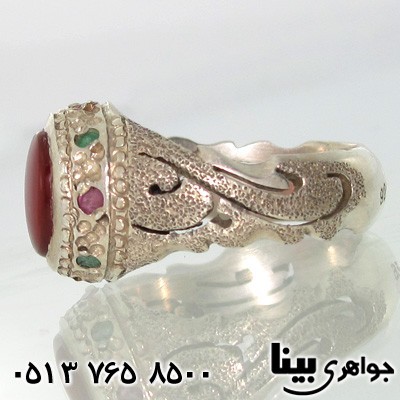 انگشتر چند جواهر دور یاقوت و زمرد مردانه یا علی