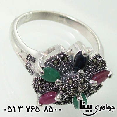 انگشتر چند جواهر زنانه یاقوت و زمرد و حدید طرح گل