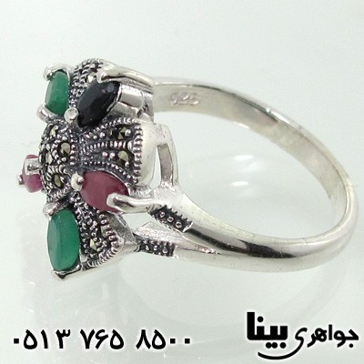 انگشتر چند جواهر زنانه یاقوت و زمرد و حدید طرح گل