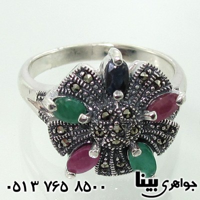 انگشتر چند جواهر زنانه یاقوت و زمرد و حدید طرح گل