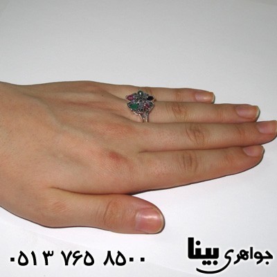انگشتر چند جواهر زنانه یاقوت و زمرد و حدید طرح گل