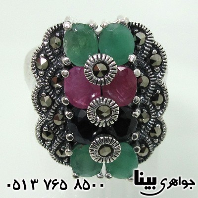 انگشتر چند جواهر زمرد و یاقوت زنانه مستطیلی