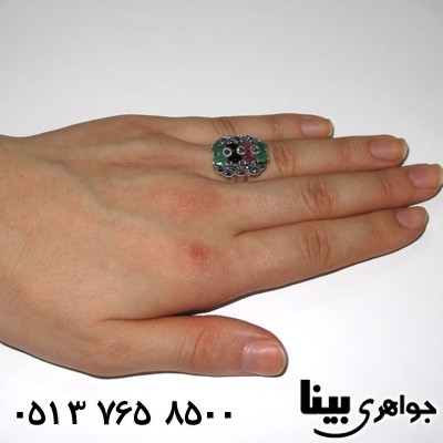 انگشتر چند جواهر زمرد و یاقوت زنانه مستطیلی