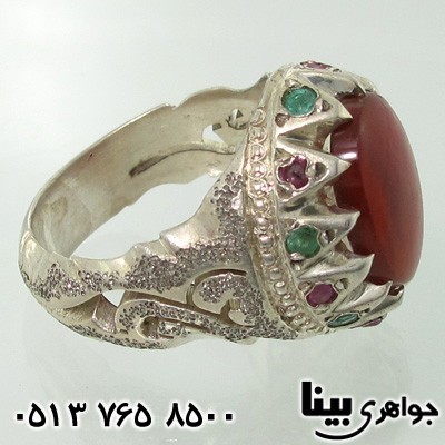 انگشتر چند جواهر عقیق دور یاقوت و زمرد مردانه یا علی