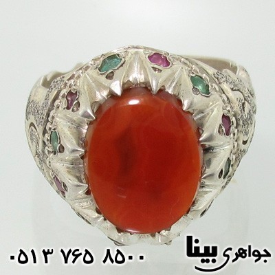 انگشتر چند جواهر عقیق دور یاقوت و زمرد مردانه یا علی