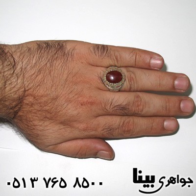 انگشتر چند جواهر عقیق دور یاقوت و زمرد مردانه یا علی