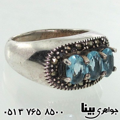 انگشتر توپاز آبی زنانه سه نگین دور حدید