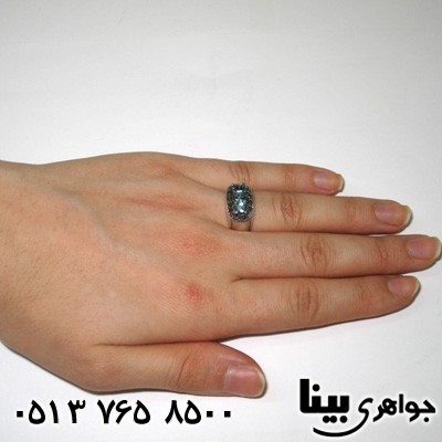 انگشتر توپاز آبی زنانه سه نگین دور حدید