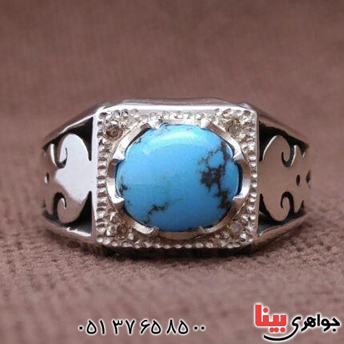 انگشتر فیروزه نیشابوری و الماس فاخر مردانه _کد:3098