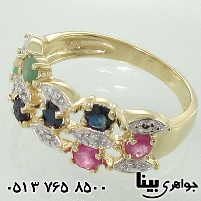 انگشتر چند جواهر یاقوت و زمرد زنانه بافت