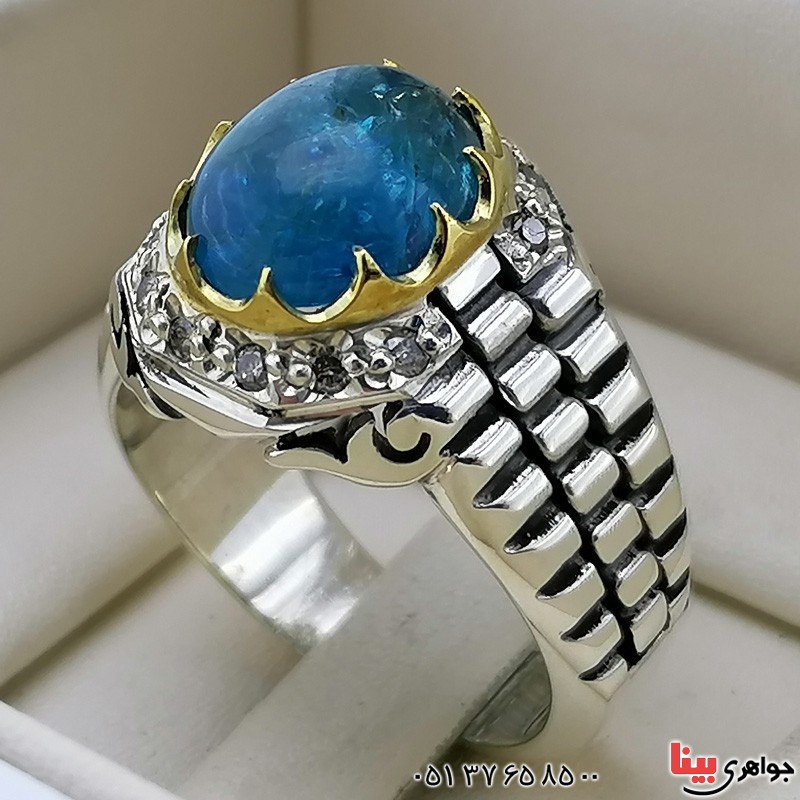 انگشتر تورمالین (آپاتیت) خوشرنگ دور الماس زیبا _کد:19943