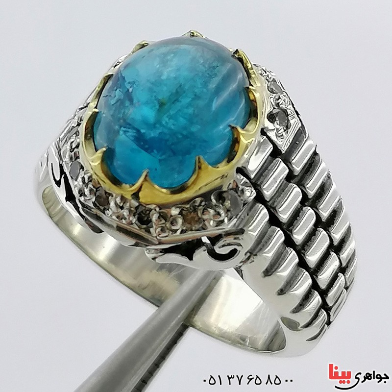 انگشتر تورمالین (آپاتیت) خوشرنگ دور الماس زیبا _کد:19943