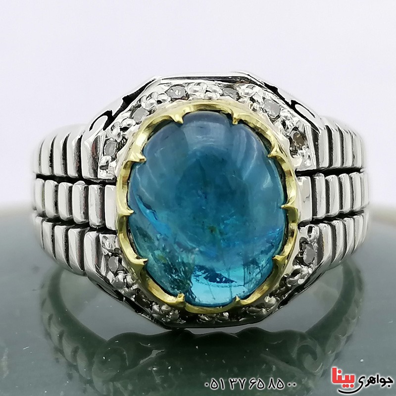 انگشتر تورمالین (آپاتیت) خوشرنگ دور الماس زیبا _کد:19943