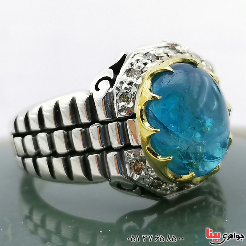 انگشتر تورمالین (آپاتیت) خوشرنگ دور الماس زیبا _کد:19943