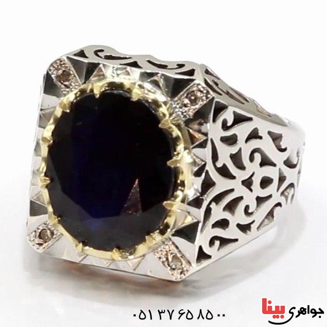 انگشتر یاقوت کبود دور الماس بسیار عالی _کد:20007