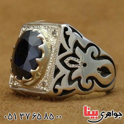 انگشتر یاقوت کبود دور الماس مدل شبکه ای _کد:20093