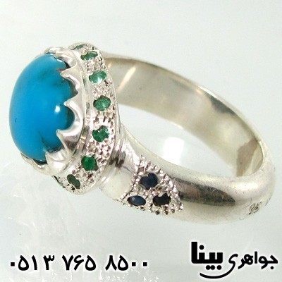 انگشتر چند جواهر فیروزه، زمرد و یاقوت مردانه