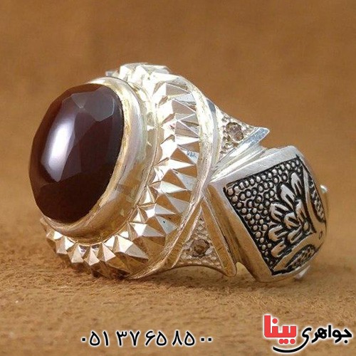 انگشتر عقیق یمنی دور الماس قلم زنی و آیینه کاری شده _کد:20363