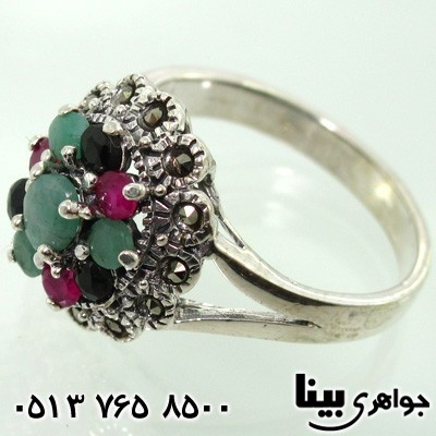 انگشتر چند جواهر یاقوت و زمرد زنانه کلاسیک