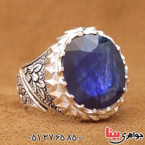 انگشتر یاقوت کبود قلم زنی و آیینه کاری شده _کد:20449