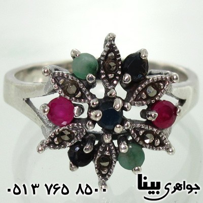 انگشتر چند جواهر یاقوت و زمرد طرح گل زنانه