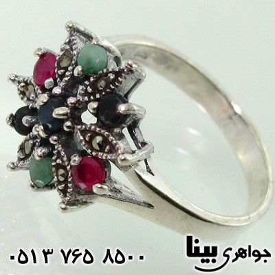 انگشتر چند جواهر یاقوت و زمرد طرح گل زنانه