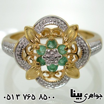 انگشتر زمرد و الماس طرح گل