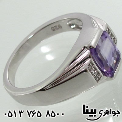 انگشتر آمتیست مستطیل کنار الماس مردانه