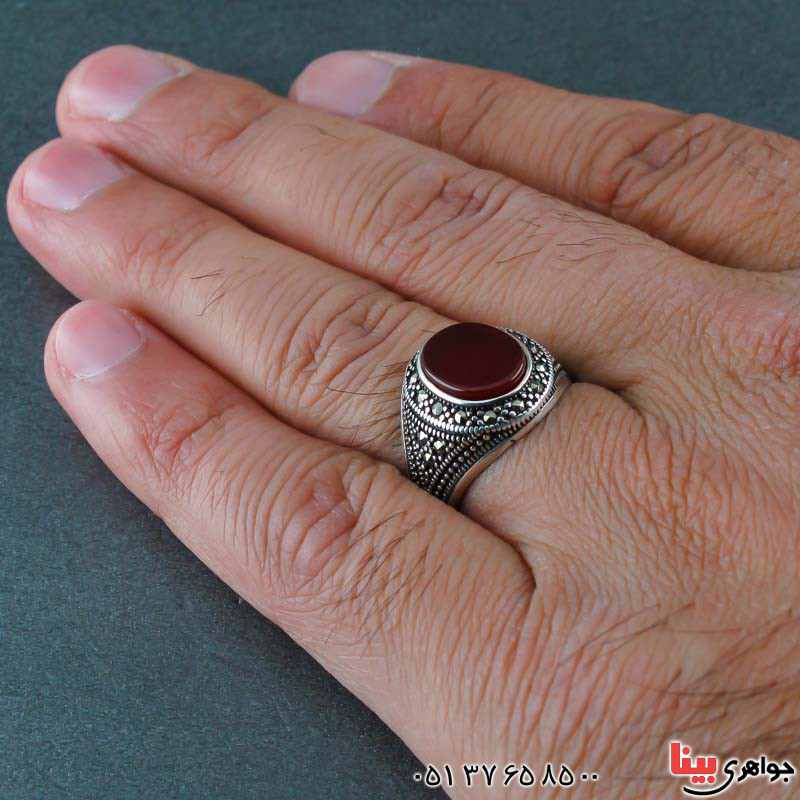 انگشتر عقیق قرمز و حدید مارکازیتی میکروستینگ _کد:21150