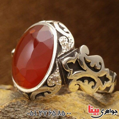 انگشتر عقیق یمنی سرخ دور الماس مردانه فاخر _کد:21728