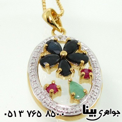گردنبند چند جواهر یاقوت و زمرد قاب گل