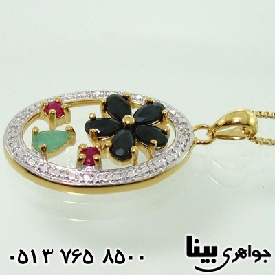 گردنبند چند جواهر یاقوت و زمرد قاب گل