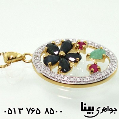 گردنبند چند جواهر یاقوت و زمرد قاب گل