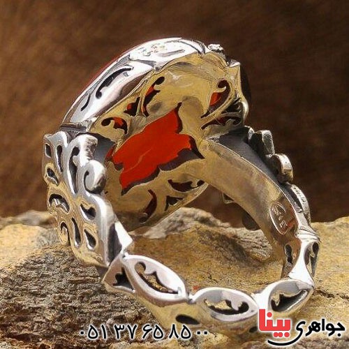 انگشتر عقیق یمنی سرخ دور الماس با حکاکی زیبا _کد:21755