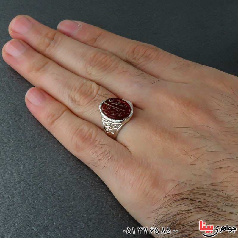انگشتر عقیق قرمز زیبا و خاص مردانه با حکاکی پنج تن _کد:22195