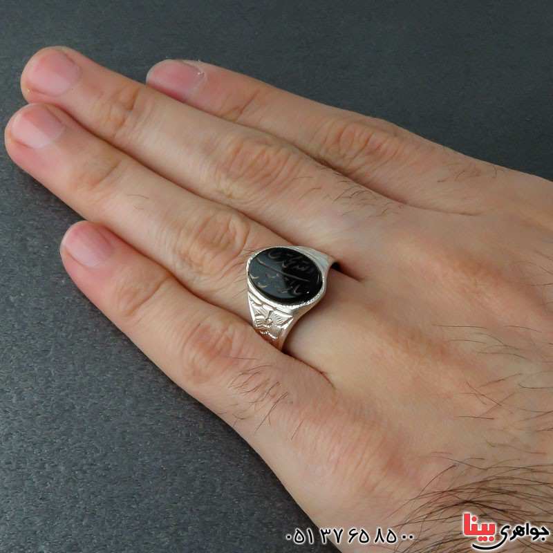 انگشتر عقیق سیاه (اونیکس) مردانه با حکاکی پنج تن _کد:22196