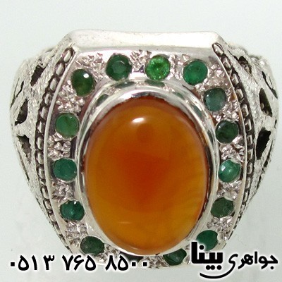 انگشتر چند جواهر عقیق یمنی و زمرد مردانه