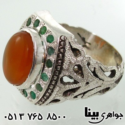 انگشتر چند جواهر عقیق یمنی و زمرد مردانه