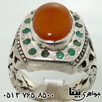 انگشتر چند جواهر عقیق یمنی و زمرد مردانه