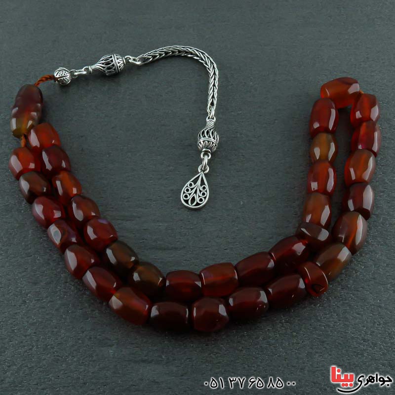 تسبیح عقیق یمنی سرخ درجه یک 33 دانه ای با شرابه نقره _کد:22394
