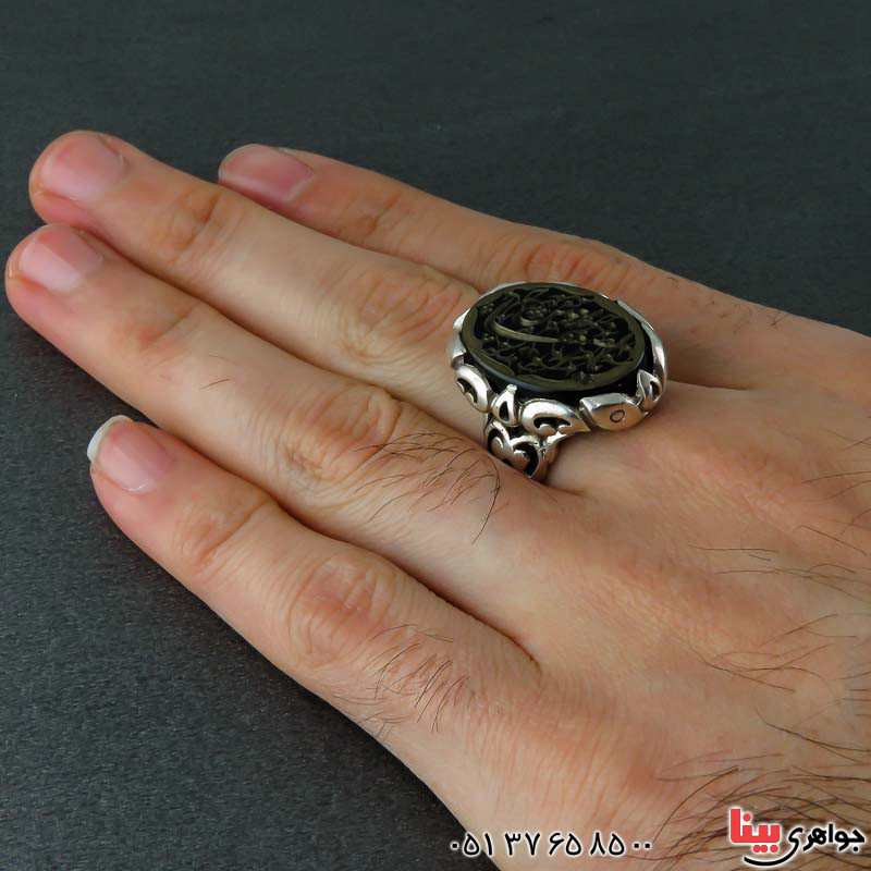 انگشتر عقیق سیاه (اونیکس) مردانه با حکاکی یا معین الضعفا _کد:22452