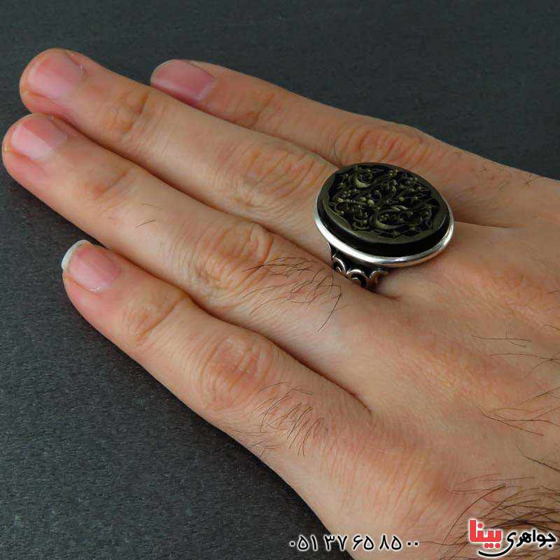 انگشتر عقیق سیاه (اونیکس) مردانه با حکاکی یا ذبیح العطشان _کد:22477